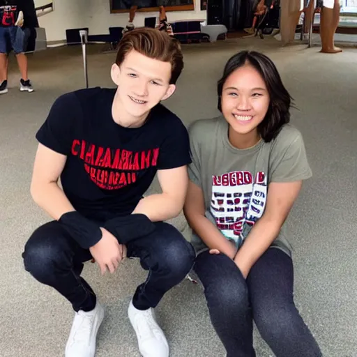 Prompt: Tom Holland wearing a Chapman University shirt with a Filipina college girl