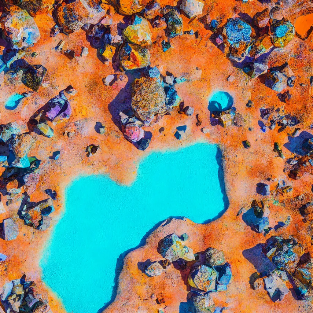 Image similar to bismuth boulders, orange sand desert with colorful pools of bright milky paint, birds eye view