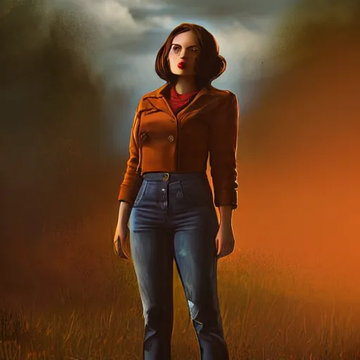 Image similar to fallout 5, charismatic brunette female protagonist, portrait, outdoors scene, somewhere in a low density rural town, retro rusted cars, atmospheric lighting, painted, intricate, volumetric lighting, beautiful, daytime, sunny weather, sharp focus, slightly desaturated, ultra detailed, by leesha hannigan, ross tran, thierry doizon, kai carpenter, ignacio fernandez rios