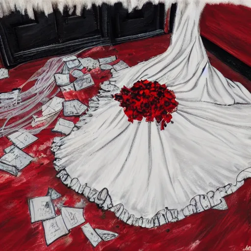 Image similar to a messy painting of a bedroom floor with a wedding dress discarded in a heap and a suit on the floor. Red, black and white Color scheme.