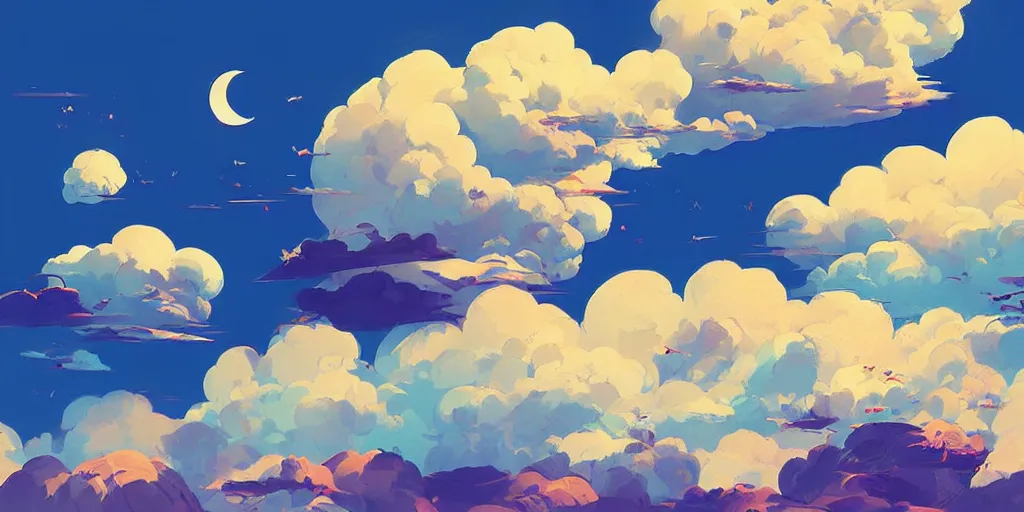 Image similar to fluffy clouds in the sky, digital art, blue sky, vivid colors, artgerm, james gilleard, beautiful, highly detailed, intricate, trending on art station