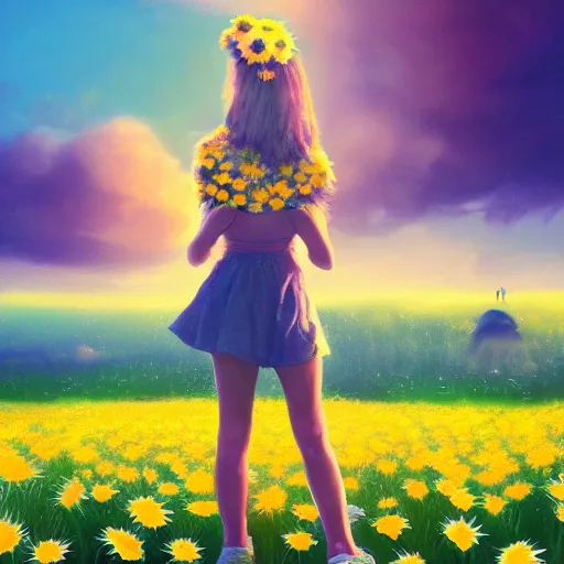 Image similar to girl with a full daisies head, surreal photography, flower field, sunset dramatic light, impressionist painting, colorful clouds, blue sky, digital painting, artstation, simon stalenhag