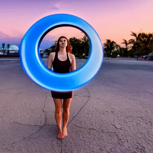 Prompt: a woman facing a elliptical portal made of blue energy, on the street, which shows a beach at sunset