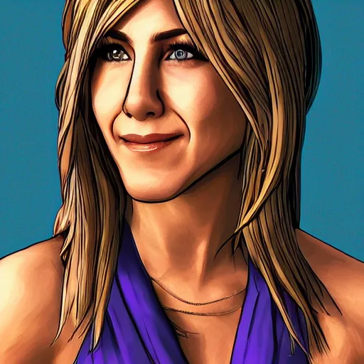 Image similar to jennifer aniston portrait, borderlands, tales from the borderlands, the wolf among us, comic, cinematic lighting, studio quality, 8 k