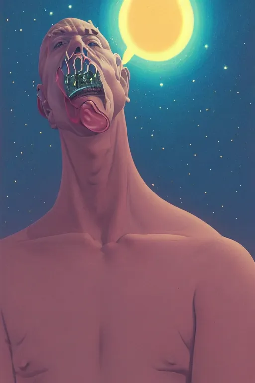 Prompt: a scifi closeup portrait of a young american man licking a blotter paper of LSD acid on his tongue and dreaming psychedelic hallucinations in cosmos, by kawase hasui, moebius, Edward Hopper and James Gilleard, Zdzislaw Beksinski, Steven Outram colorful flat surreal design, hd, 8k, artstation