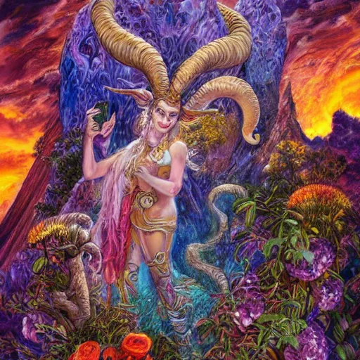 Image similar to josephine wall, horned ram goddess, checking her cell phone, erupting volcano in distance, sunset, flowers in foreground, zodiac, fantasy acrylic on canvas, intricately detailed, highly detailed, high resolution, hdr, 8 k, by senior concept artist, trending on artstation