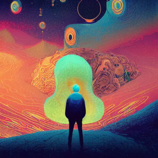 Prompt: a wandering mind by victo ngai, kilian eng vibrant colors, winning - award masterpiece, fantastically gaudy, aesthetic octane render, cyberskull portrait inspired in beksinski and dan mumford work, remixed with simon stalenhag work, sitting on the cosmic cloudscape