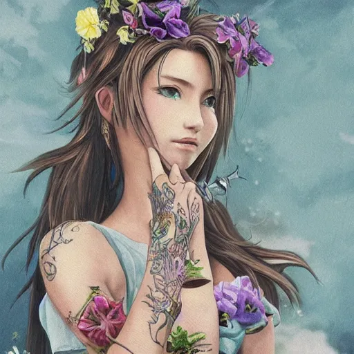 Image similar to concept art of aerith gainsborough with tattoos, amongst flowers, high quality, detailed, trending on artstartion