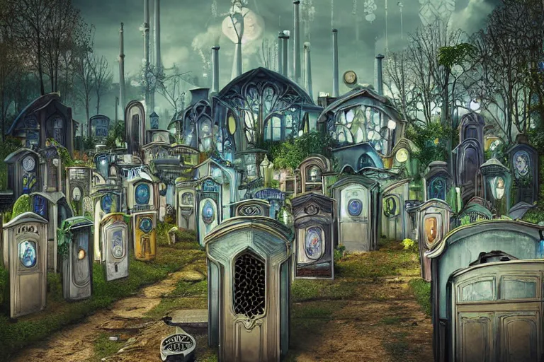 Prompt: elegance futuristic watery favela graveyard honeybee hive, art nouveau environment, industrial factory, award winning art, epic dreamlike fantasy landscape, ultra realistic,