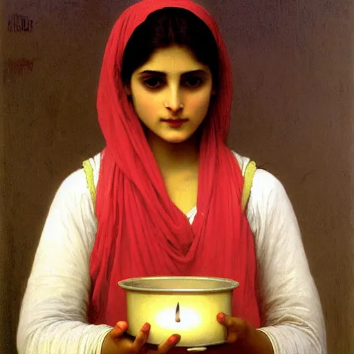 Prompt: a Pakistani woman holding a candle, painting by William Adolphe Bouguereau