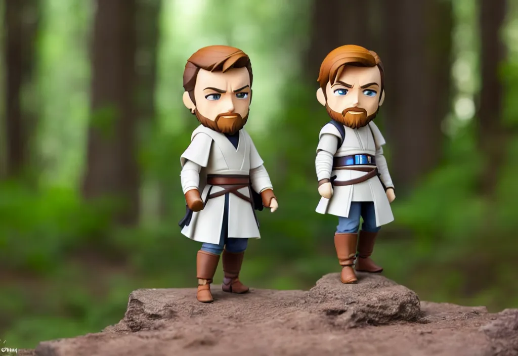 Image similar to side view of obi wan kenobi of disney movie as nendoroid running in a forest, 8 k hd dof, kodak film,