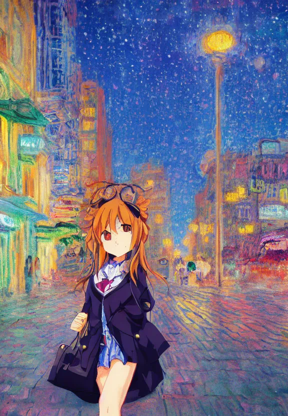 Image similar to wide angle portrait of a teenage girl, a thrifty outfit, very anime in impressionist style, city street view background, starlit night sky, anime trending artwork, anime painter studio, by claude monet