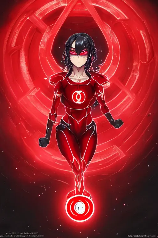 Image similar to anime key visual of a beautiful female red lantern!! intricate, red and black suit, glowing, powers, rage, anger, hate, dc comics, cinematic, stunning, highly detailed, digital painting, artstation, smooth, hard focus, illustration, art by artgerm and greg rutkowski and alphonse mucha