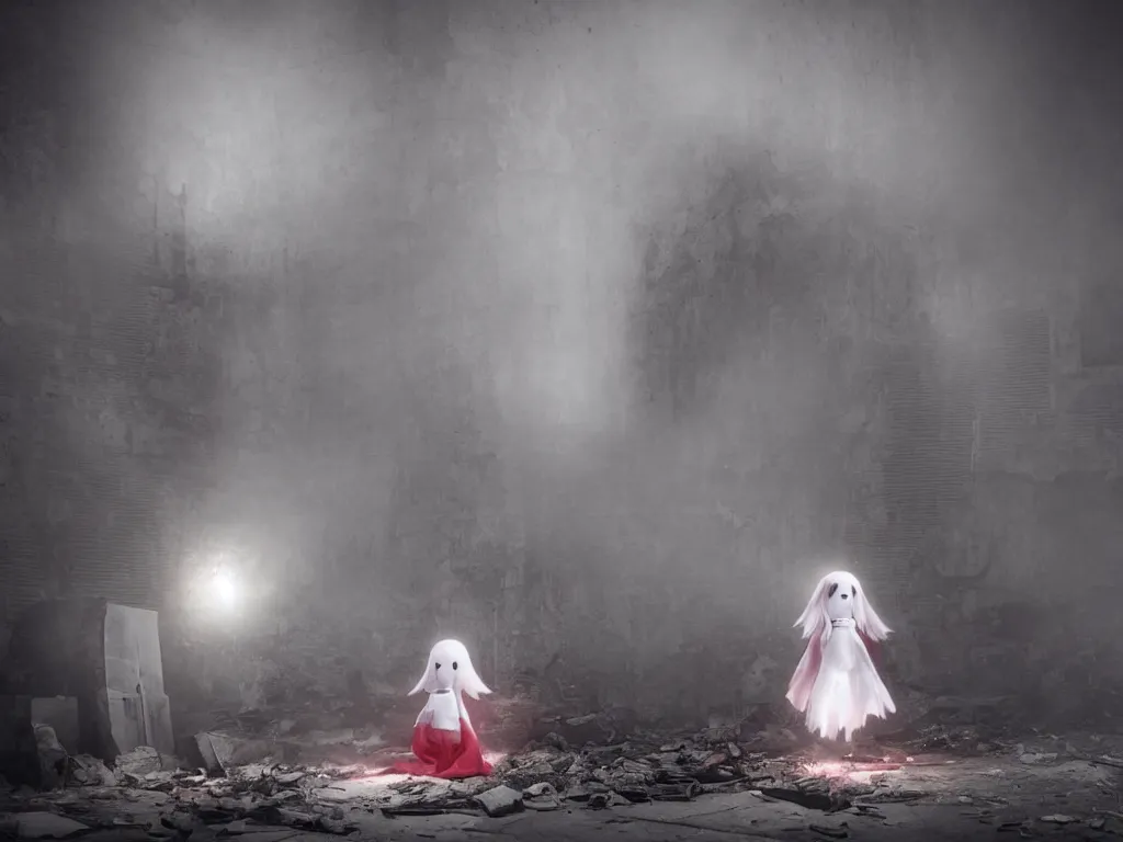 Image similar to cute fumo plush girl ghost in a mysterious concrete wartorn brutalist ruin, chibi gothic wraith maiden of the afterlife, dramatic three point lighting, glowing wisps of hazy smoke and volumetric fog swirling about an ominous red glow, production volume rendering, vray