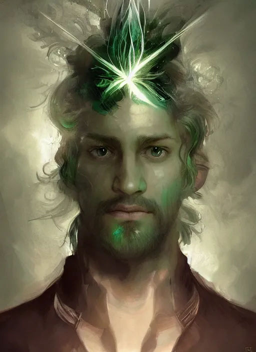 Prompt: character concept portrait of an attractive young clever Spanish wizard with powder-green skin conjuring a nature spell, a floating iridescent spell book in the center, intricate, elegant, digital painting, concept art, smooth, sharp focus, illustration, from Metal Gear, by Ruan Jia and Mandy Jurgens and William-Adolphe Bouguereau, Artgerm
