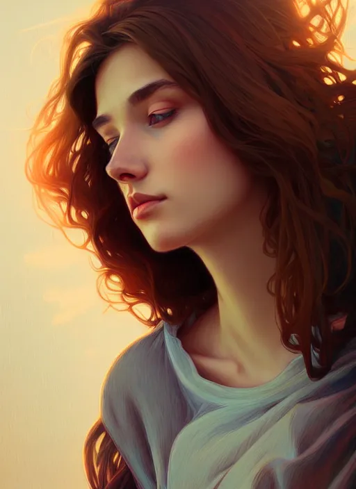 Image similar to handsome young women with shoulder length brown hair, half body shot, path traced, highly detailed, high quality, digital painting, alena aenami, lilia alvarado, shinji aramaki, karol bak, alphonse mucha, tom bagshaw