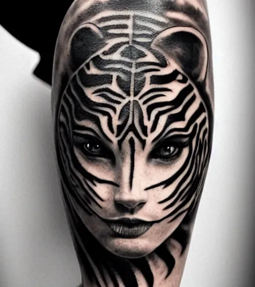 Image similar to tattoo design of a beautiful girl warrior under a tiger head, hyper realistic, realism tattoo, by eliot kohek, beautiful eyes, realistic face, black and white, white background