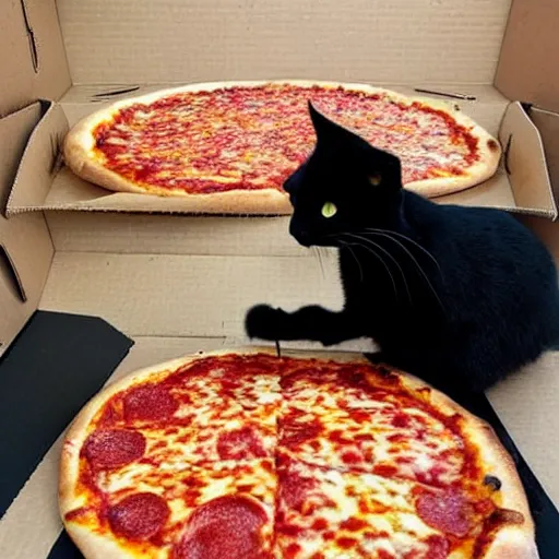 Image similar to “a black cat putting pizza in a pizza oven”