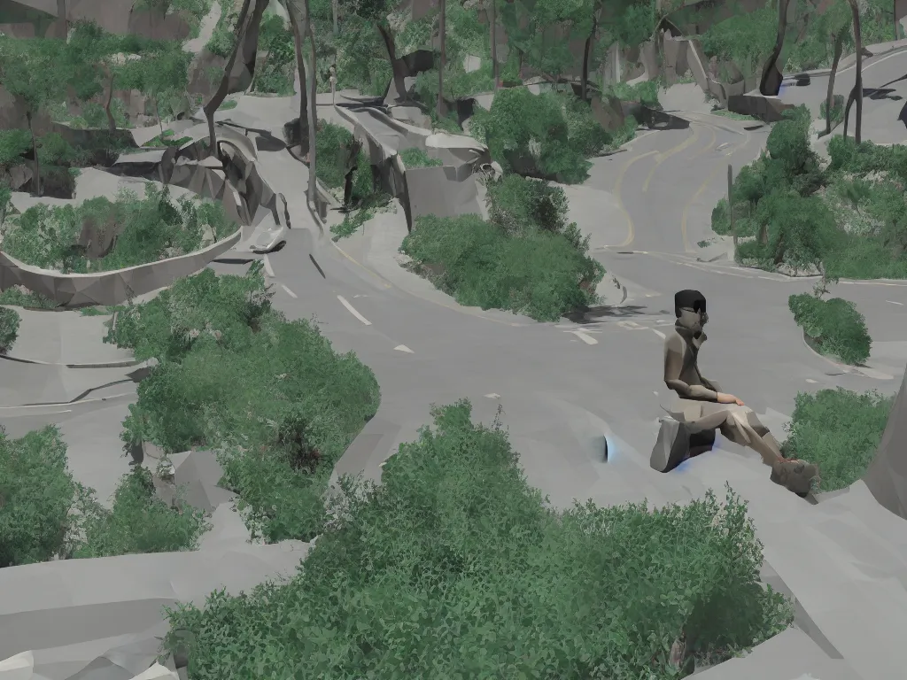 Image similar to Mulholland Drive as a PS1 first person video game, low poly