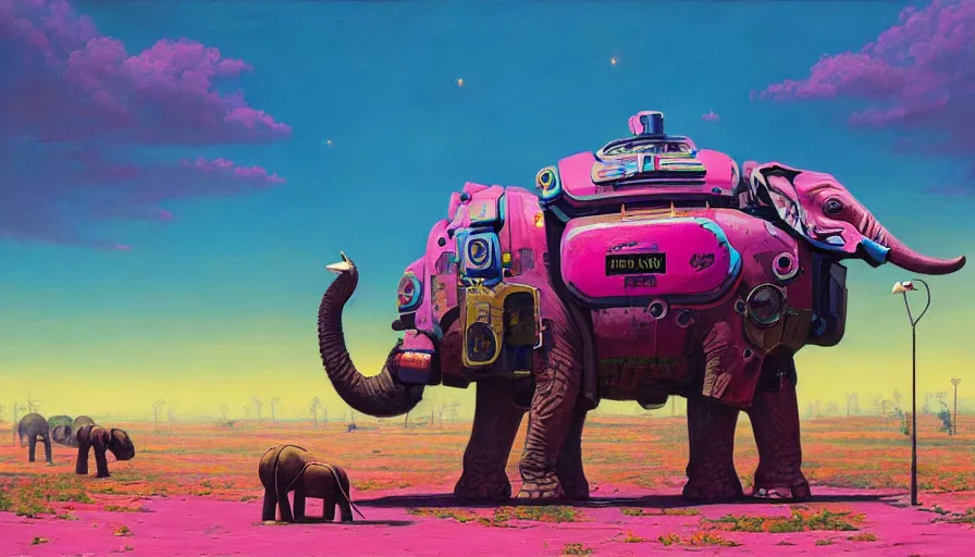 Image similar to an intricate oil painting of a giant south african armored elephant mecha by simon stalenhag, pink, yellow and cyan paint decals