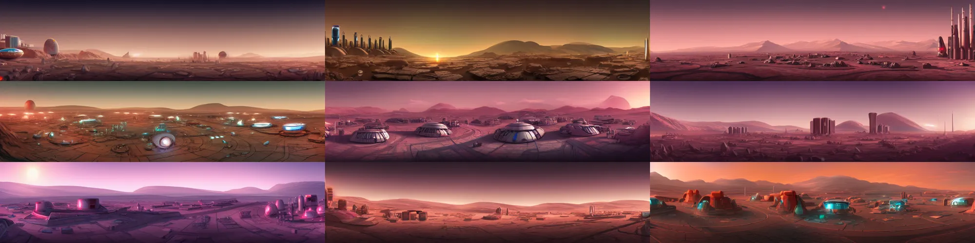 Prompt: wide angle view, futuristic mars colony city after dawn, in the style of wimmelbilder, realistic, digital art, concept art, 8k