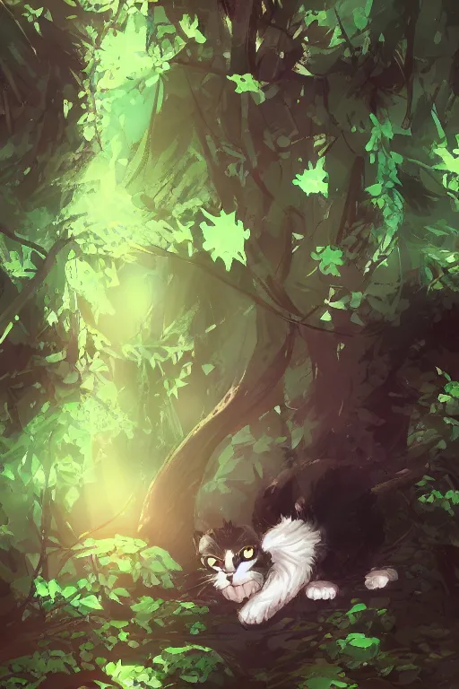 Prompt: a cat in a forest, by kawacy, sunlight, trending on pixiv, bokeh, furry art, anime, dramatic lighting, digital art