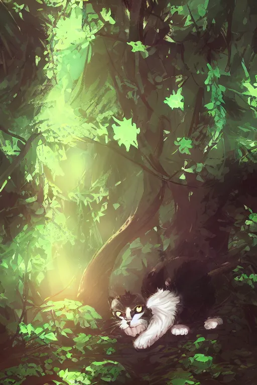 Image similar to a cat in a forest, by kawacy, sunlight, trending on pixiv, bokeh, furry art, anime, dramatic lighting, digital art