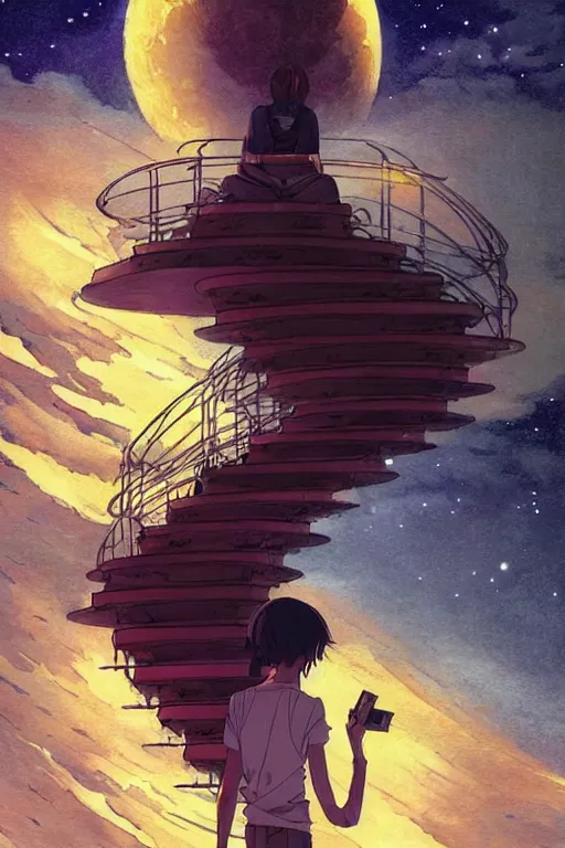 Image similar to a full moon containing the glimmering stairways to otherworldly galaxies, high intricate details, rule of thirds, golden ratio, cinematic light, anime style, graphic novel by fiona staples and dustin nguyen, by beaststars and orange, peter elson, alan bean, studio ghibli, makoto shinkai