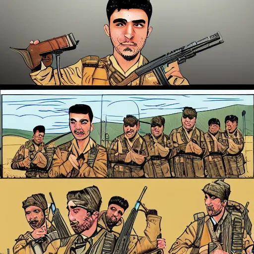 Prompt: kurdish peshmerga comic art by mike allred, highly detailed, award winning art