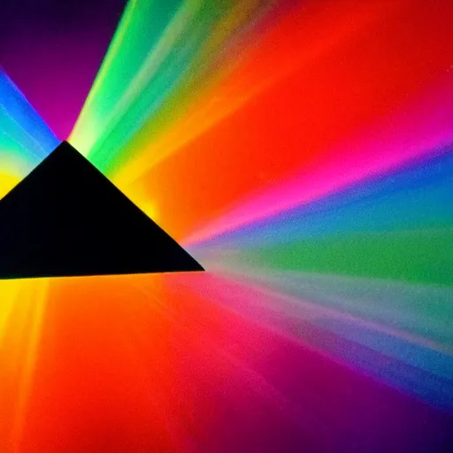 Prompt: black background, an holographic triangle being hit by a beam of light, emitting a rainbow, 1970s