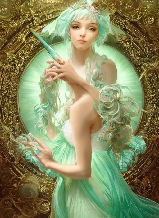 Image similar to Portrait of magical girl, dreamy and ethereal, mint green eyes, peaceful expression, ornate frilly dress, fantasy, intricate, elegant, beautiful, digital art, dynamic lighting, golden ratio, highly detailed, digital painting, trending on artstation, concept art, smooth, sharp focus, illustration, photo realistic, art by artgerm and greg rutkowski and alphonse mucha, 4K