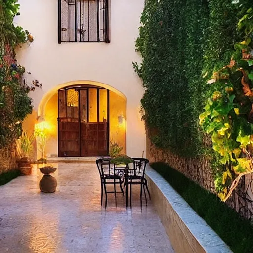 Prompt: beautiful!!!!!!!!!!!!, courtyard, home, mediterranean, vines, golden hour, wet tiles, sleeping dog