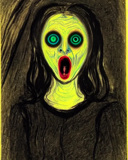 Image similar to scary portrait of a young female with glowing eyes, similar to the scream drawing by Edvard Munch