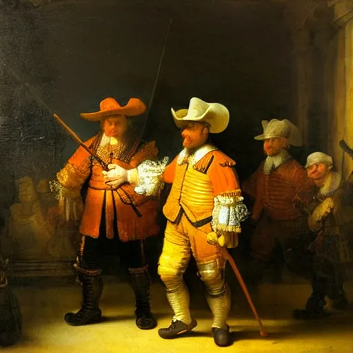 Prompt: de nachtwacht by rembrandt but as a bright cheerful painting