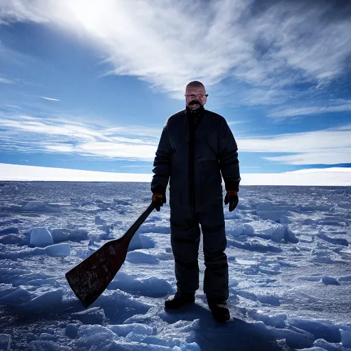 Prompt: Walter White holding an axe in the middle of Antarctica, cold terrain, master shot, moody light, highly realistic, 8k