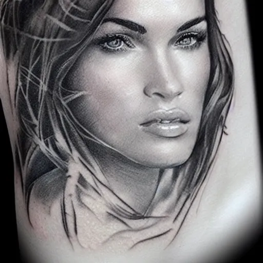 Image similar to realistic tattoo sketch of megan fox face double exposure art with beautiful mountain scenery, in the style of den yakovlev, amazing detail, sharp, faded