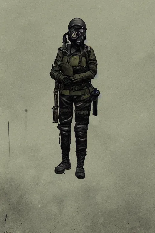 Prompt: medieval british sas female operative with the standard s 1 0 gas mask and the black uniform, artstation, trending on artstation, establishing shot, by simon stalenhag