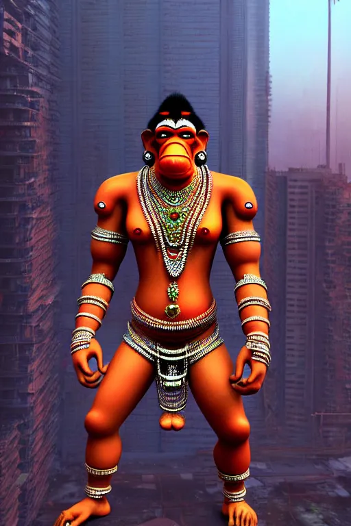 Image similar to high quality 3 d render hyperrealistic cyborg hanuman! madhubani, highly detailed, cyberpunk!! mumbai in the background, unreal engine cinematic smooth, in the style of solaris, hannah yata charlie immer, moody light, low angle, uhd 8 k, sharp focus