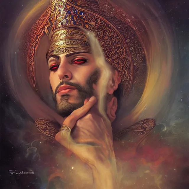 Image similar to portrait of a magical persian male genie, art by tom bagshaw and manuel sanjulian and franz xaver kosler