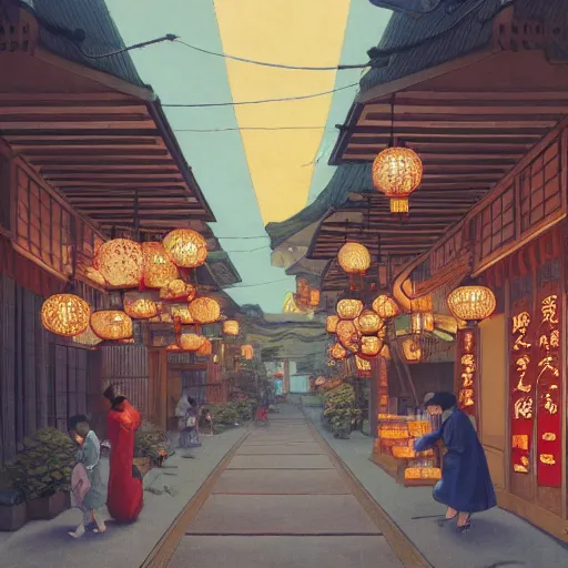 Prompt: japanese paper lantern shop on a fancy street in a japanese village during the day, lush plants, magic details, by moebius, edward hopper, james gilleard, and james jean, hd, 8 k, trending on artstation, uhd,