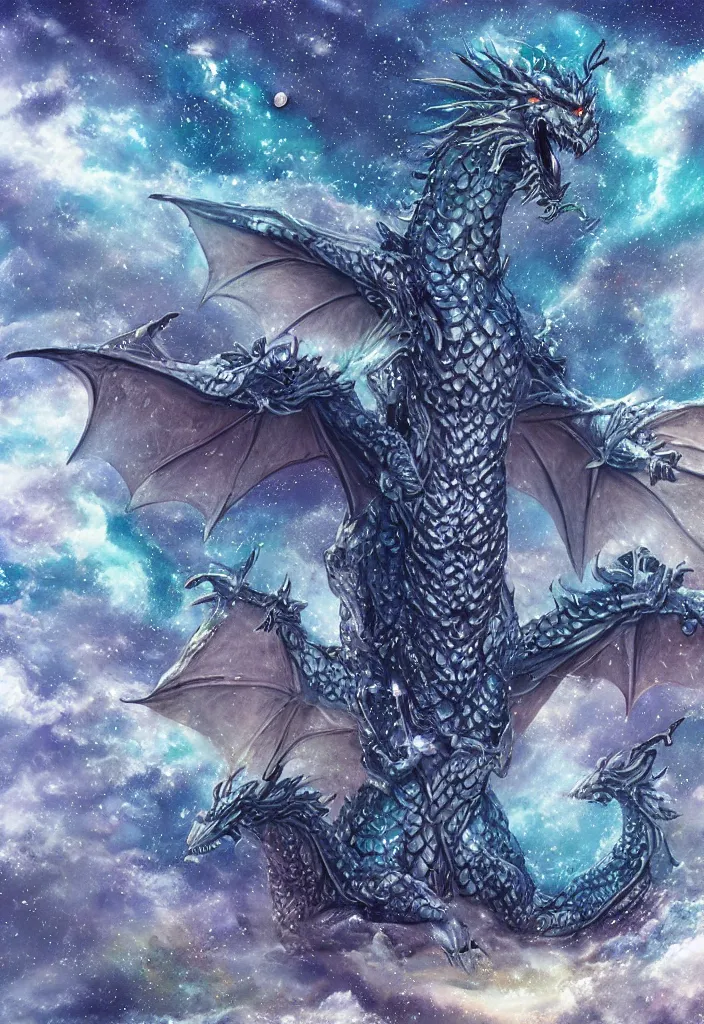 Prompt: hyper-realistic symmetric dragon made of water with wings made of stars in space, holding the earth