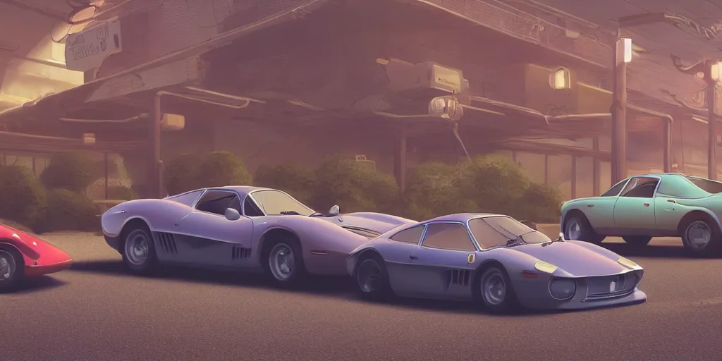 Prompt: a wholesome animation key shot of a focused old ferrari car in a car park, long shot, waist up, studio Ghibli, Pixar and Disney animation, sharp, very detailed, high resolution, Rendered in Unreal Engine 5, anime key art by Greg Rutkowski, Bloom, dramatic lighting