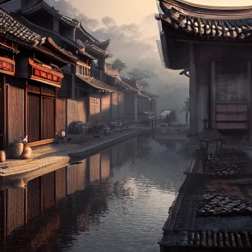 Image similar to old asian village, early sunlight, contrast shadows, mist, fog, water ripples, detailed, photorealistic, artstation, atmospheric, ambient