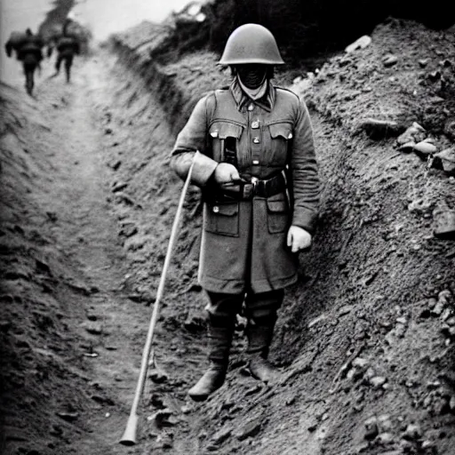 Image similar to omni man, historical photo, ww 2, trench