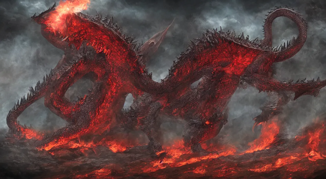 Prompt: from the depths of hell was he summoned, the great dragon beast rose from the fires with gleaming red eyes