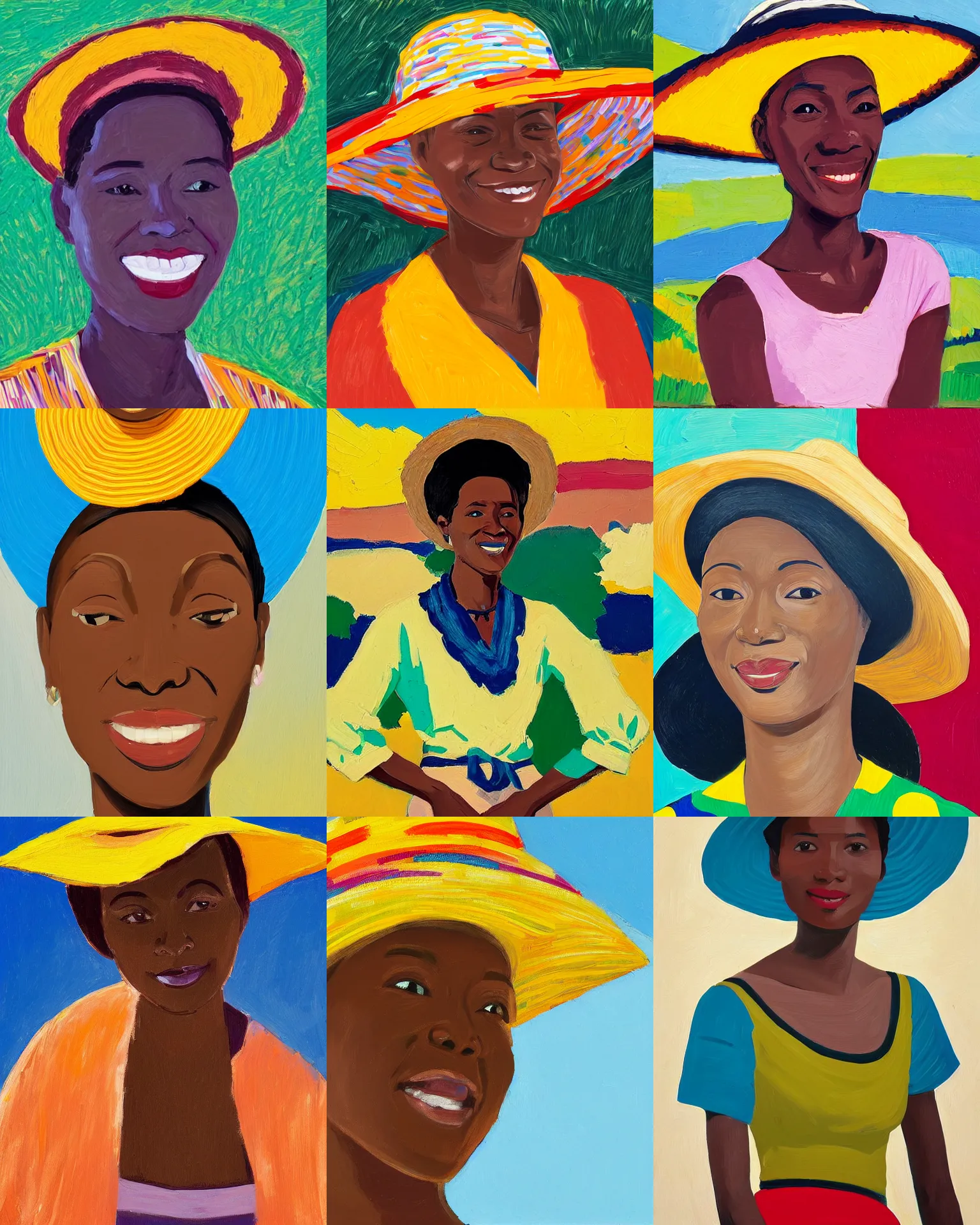 Prompt: portrait of a smiling african woman with sun hat, short hair, light background, colorful, peaceful, by alex katz, close up