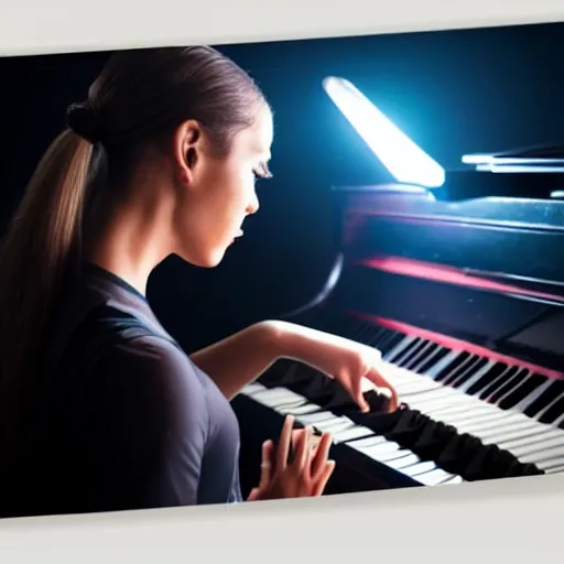 Prompt: a cyborg playing the piano in a futuristic apartment, award winning art, 4k, highly detailed, sharp focus, cinematic lighting, smooth