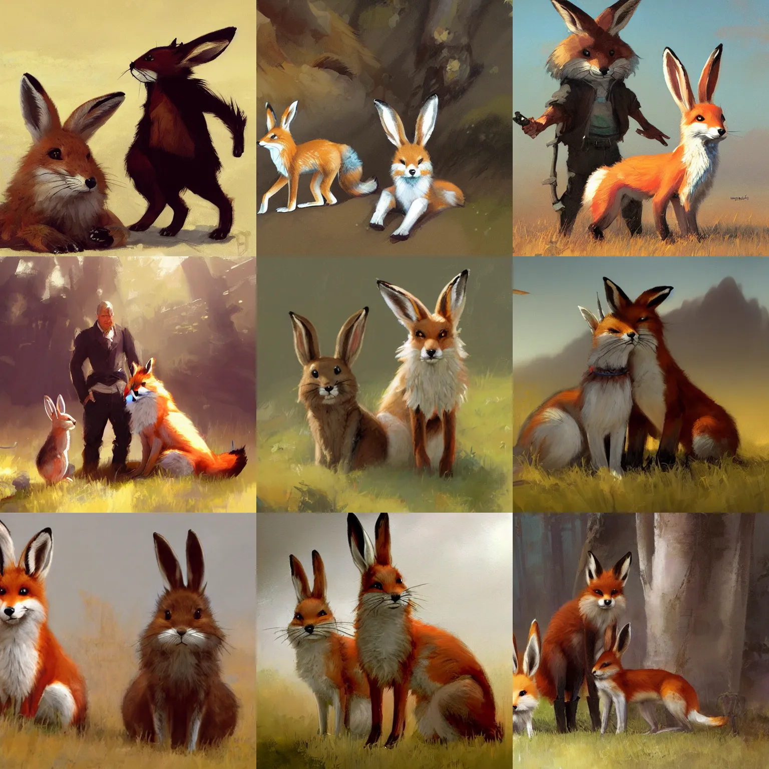 Prompt: a tall fox with short pointy ears sits next to a short rabbit with long bunny ears, stanley lau and gregory manchess and greg rutkowski, happy, whimsical, silly