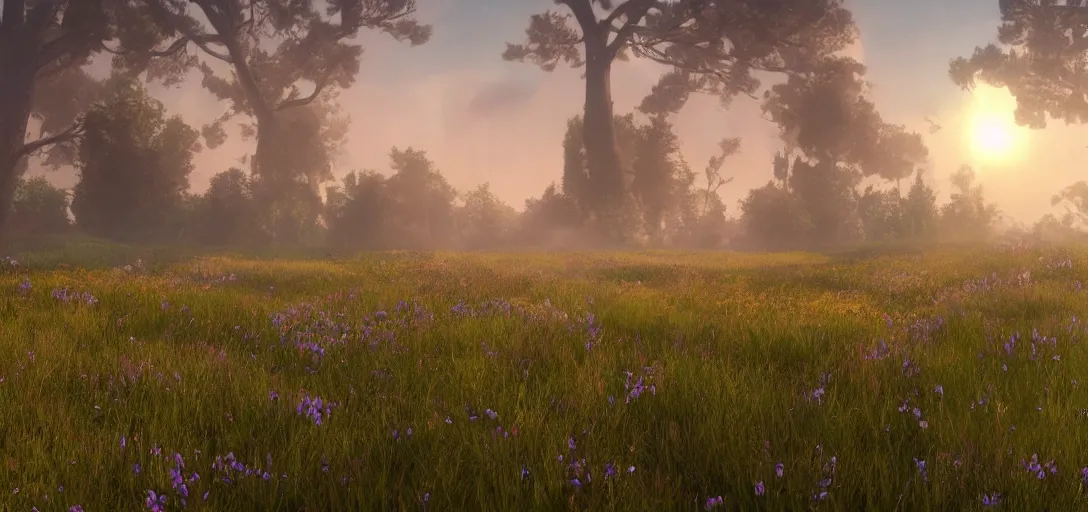 Image similar to a meadow shown from the beginning of the earth to the death of the universe, trending on artstation, 4 k, ray tracing, stunning visuals, concept art, unreal engine, highly detailed, cinematic lighting, wide angle lens