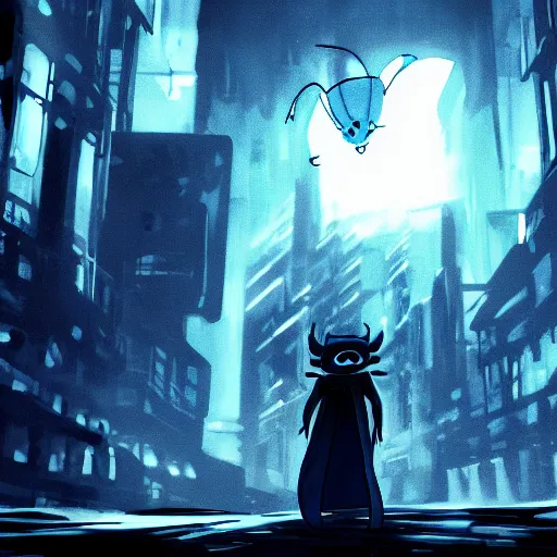 Prompt: Yellow bulb eyes, blue cloak, hidden black body, traveling through the cyberpunk city of hackers, hollow knight style.